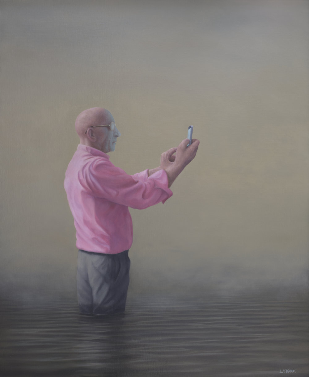 Painting of a man standing in water looking for a phone signal.