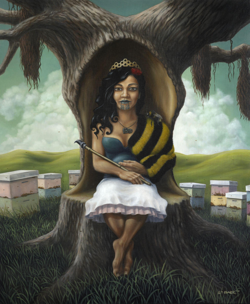 Painting of woman surrounded by bee hives by Liam Barr