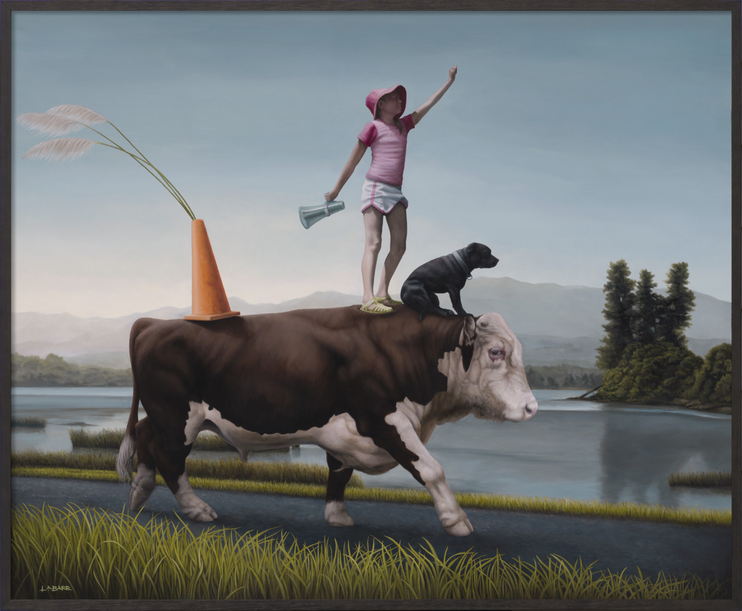 Painting of a girl standing upon a steer on her way to a protest.