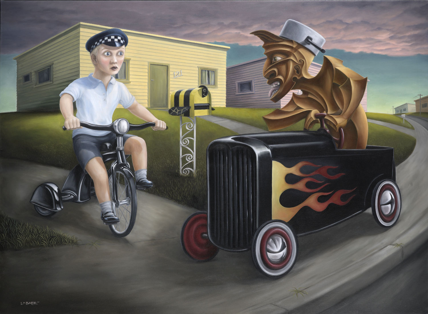 boy on trike and tiki figure in box car pair off on the street by Liam Barr